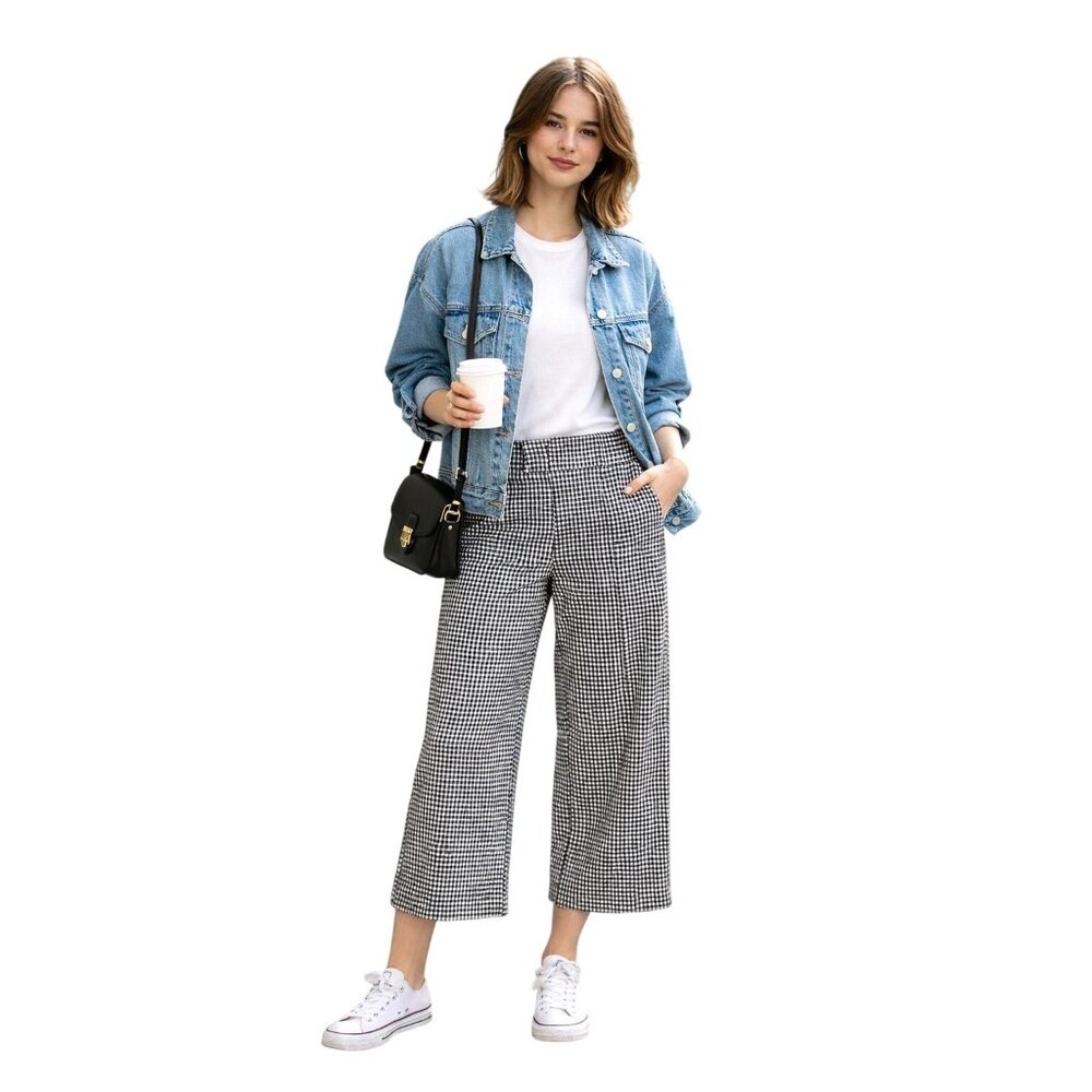 JNY Jones New York Womens Houndstooth Plaid Cropped Wide-Leg Pants Small